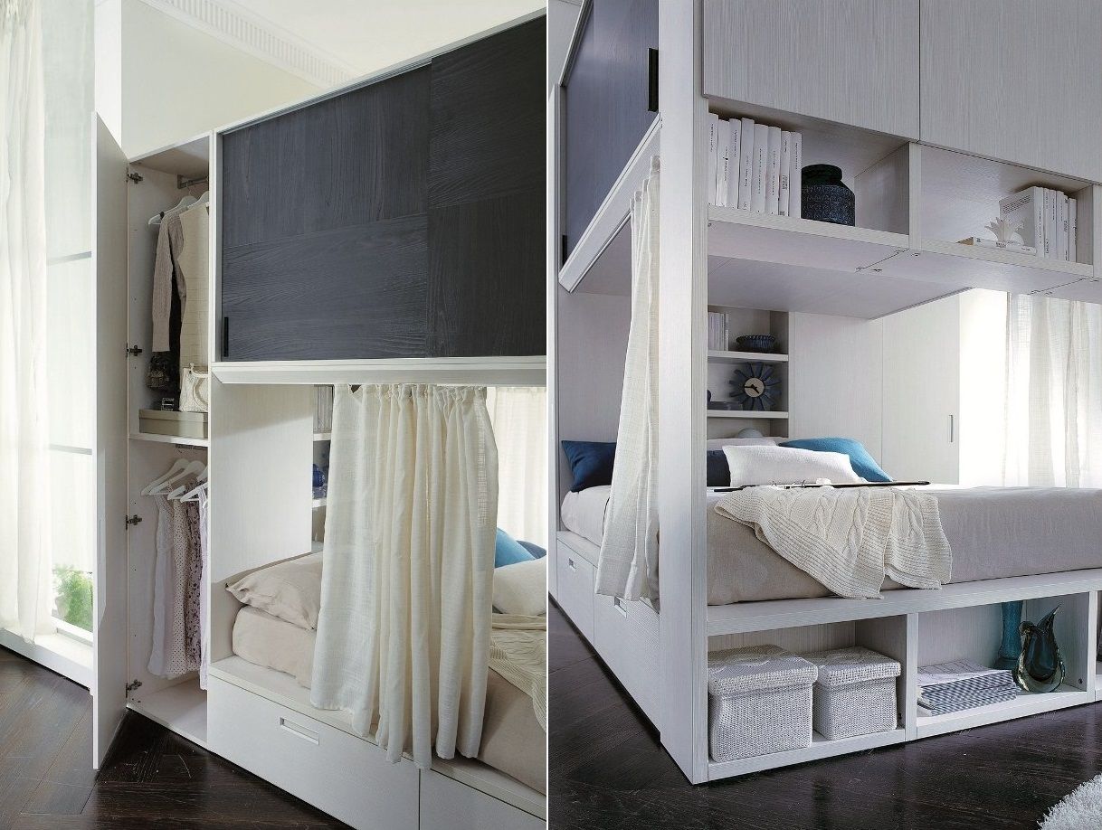 Cama con armario superior en un mismo espacio